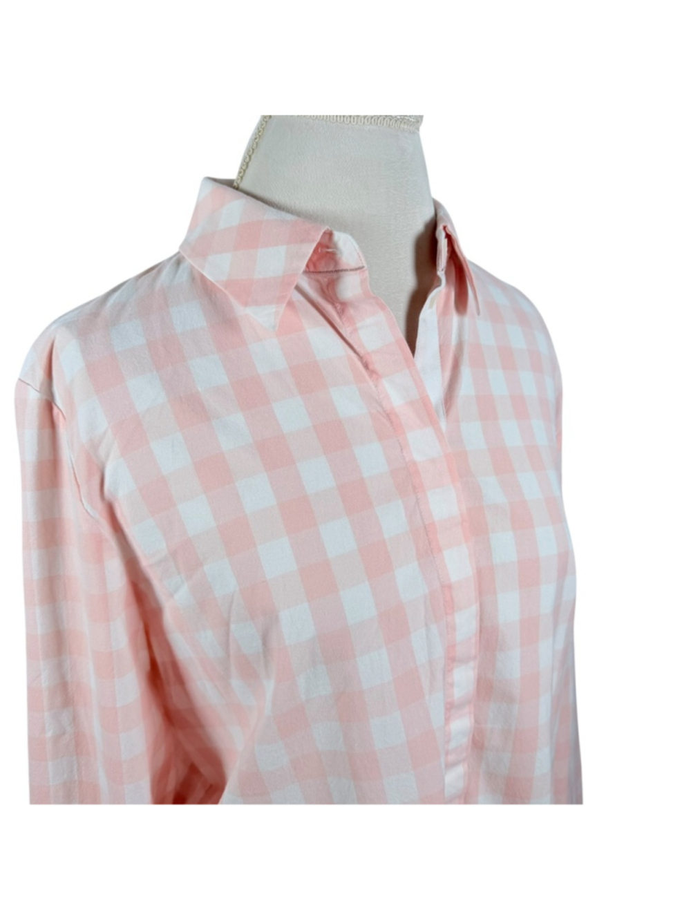 Lafayette 148 NY Pink Gingham Linen Shirt Tunic Size L Relaxed Beaded Trim - Picture 7 of 9